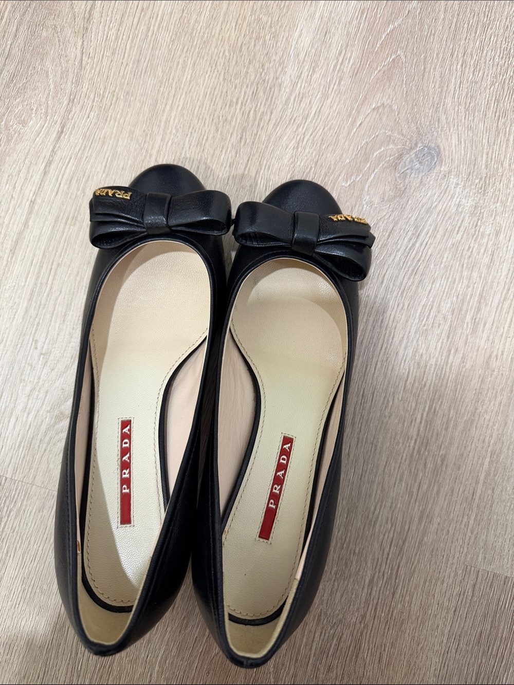 Prada Black Leather Bow-Trim Ballet Flats